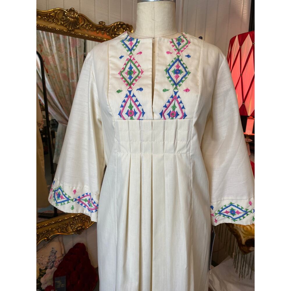vintage 1970s cotton embroidered kaftan 70s loungewear southwestern maxi dress - Picture 3 of 10